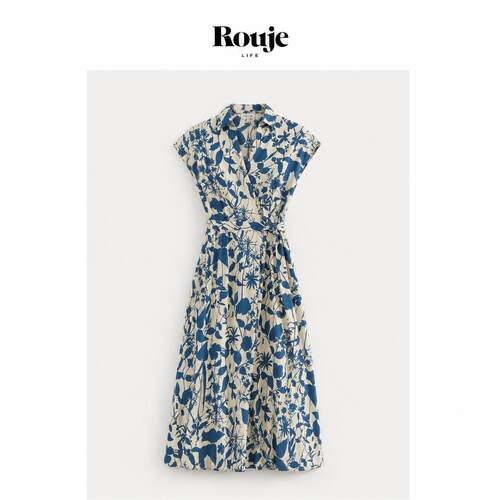 【现货】Rouje Life法式棉质青花蓝衬衫领收腰显瘦通勤气质连衣裙