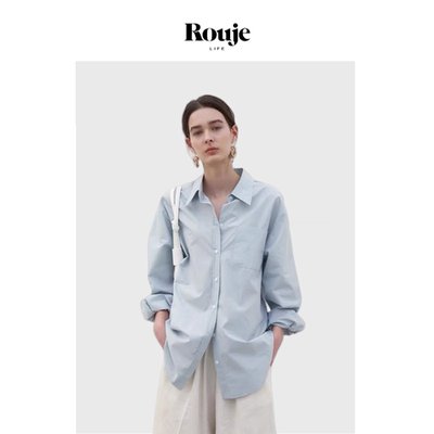 【现货】Rouje Life蓝色衬衫新款宽松小众设计感蓝色长袖衬衣上衣