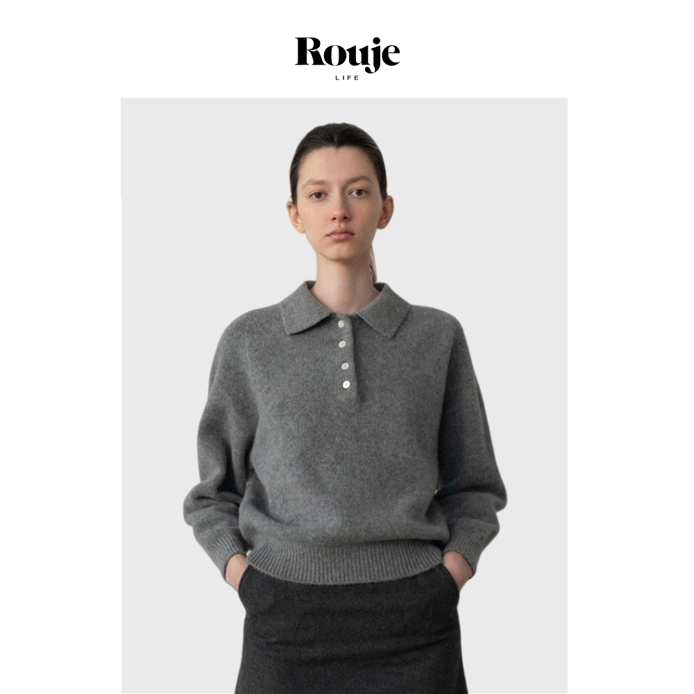 【现货】Rouje Life毛衣女春秋新款纯色套头韩系polo领纽扣羊毛衫