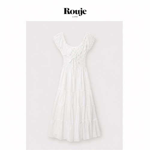 【现货】Rouje Life夏纯色抽绳绑带低胸方领泡泡袖长裙法式度假风