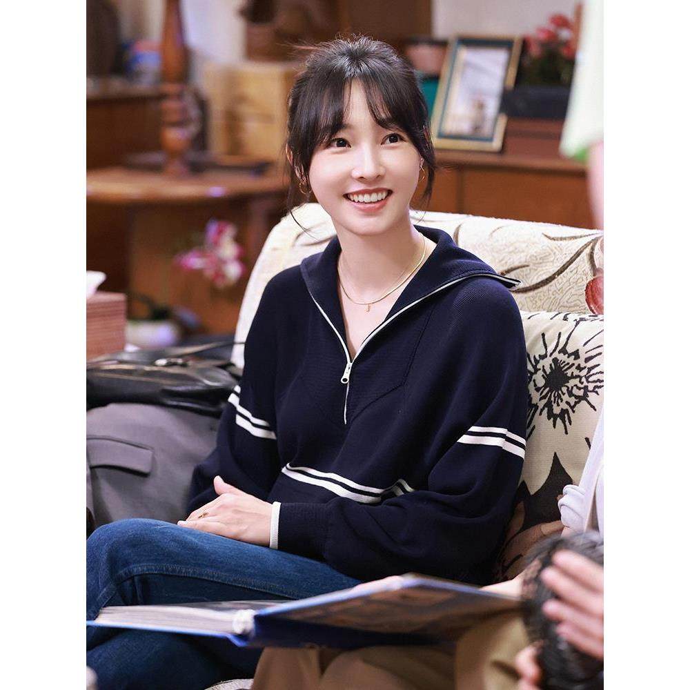 【现货】Rouje Life白百何同款毛衣拉链翻领谭松韵明星条纹针织衫