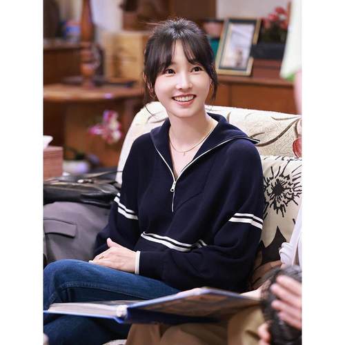 【现货】Rouje Life白百何同款毛衣拉链翻领谭松韵明星条纹针织衫