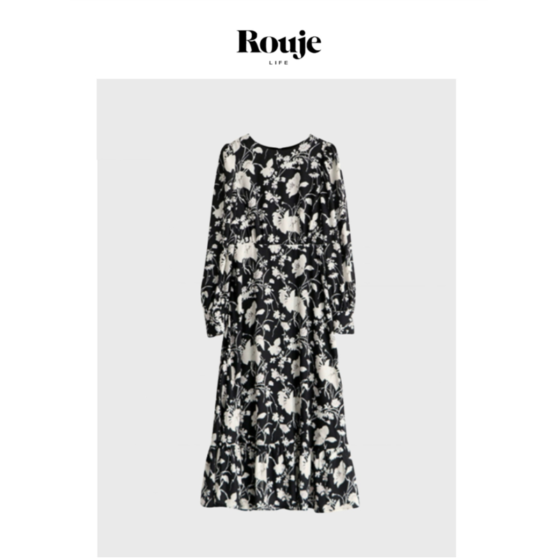 【现货】Rouje Life朱珠同款黑法式茶歇长袖圆领碎花连衣裙女显瘦