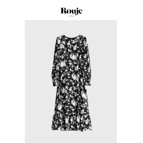 【现货】Rouje Life朱珠同款黑法式茶歇长袖圆领碎花连衣裙女显瘦