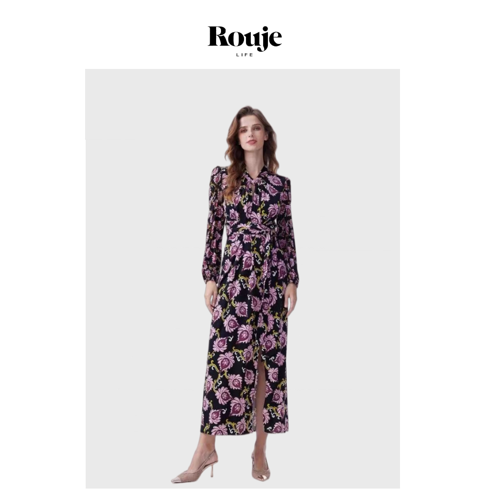 【现货】Rouje Life复古佩利斯花纹扭结领长袖连衣裙开叉系带长裙