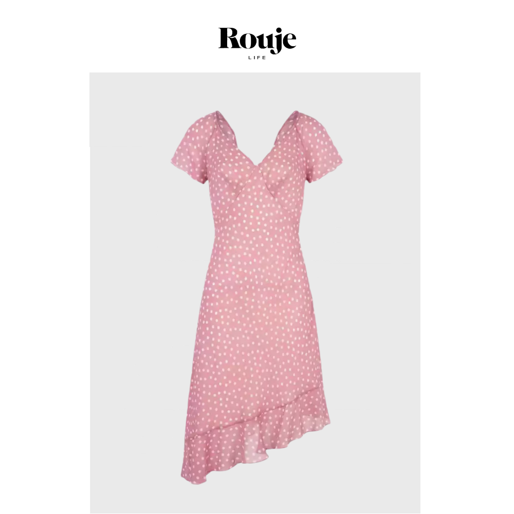 【现货】Rouje Life粉色波点短袖连衣裙女修身显瘦v领茶歇连衣裙