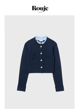 【现货】Rouje Life可拆卸蕾丝花边领深蓝色单排扣羊毛针织短外套