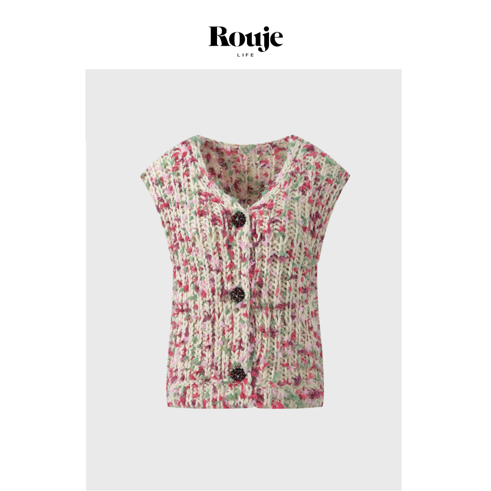 【现货】Rouje Life高级感彩色花卉粗线编织背心马夹无袖针织上衣,女装/女士精品,大码内搭,淘宝优惠券,粉丝福利购,淘宝优惠卷