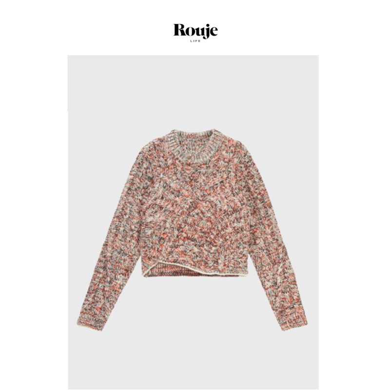 【现货】Rouje Life小众设计圆领短款羊毛纽结编织潮流花纱针织衫