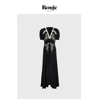 【现货】Rouje Life黑修身长款连衣裙女轻奢时尚重工刺绣钉珠裙子