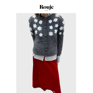 26春季 Life手工钩织巴黎开衫 Rouje 灰色立体花朵短针织衫 现货
