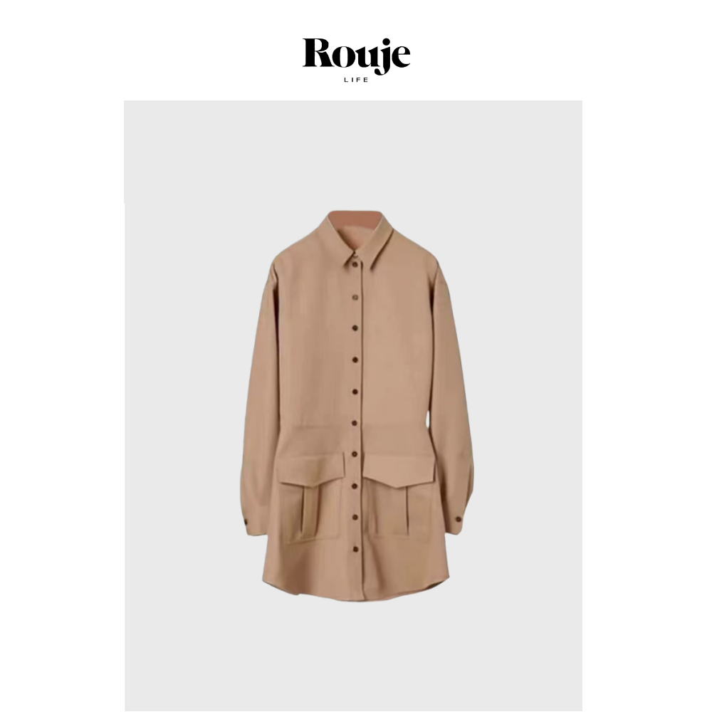 【现货】Rouje Life秋冬新款卡其色POLO领长袖收腰连衣裙风衣外套