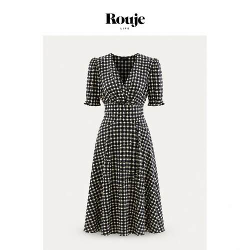 【现货】Rouje Life夏法式轻奢黑白格纹V领绑带收腰显瘦A字连衣裙