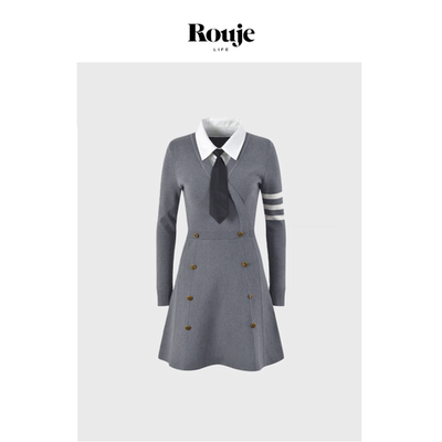 【现货】Rouje Life气质英伦学院风显瘦撞色POLO领长袖针织洋装