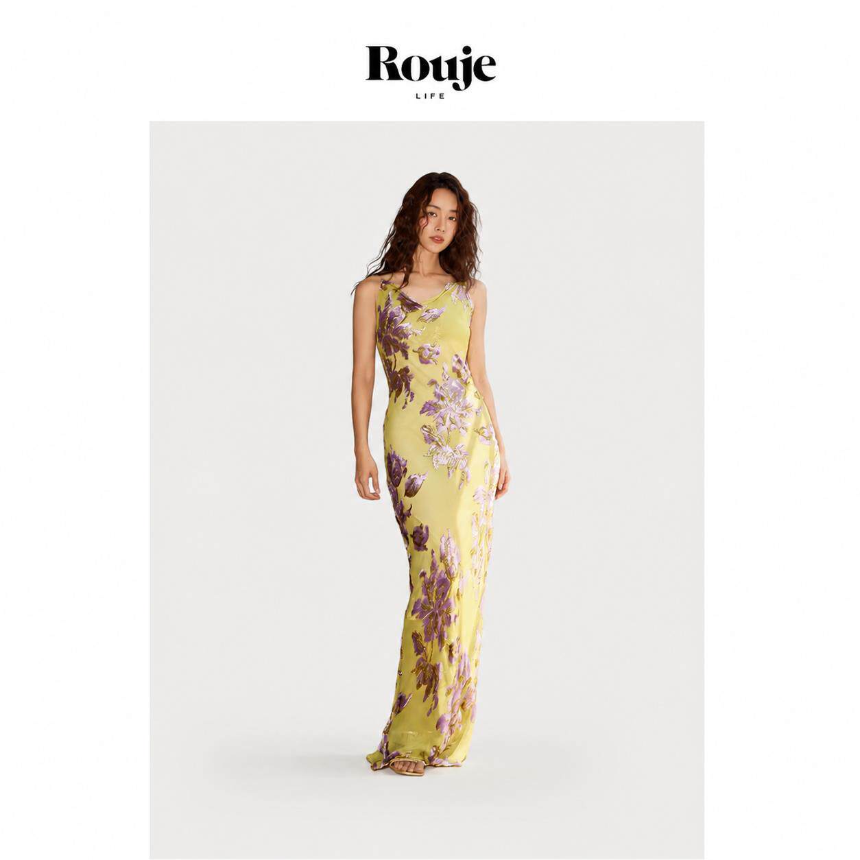 【现货】Rouje Life真丝提花绒荡领斜裁吊带礼服裙长款鱼尾连衣裙