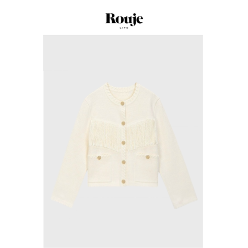 【现货】Rouje Life时髦流苏法式25春季短款白色小香风针织开衫