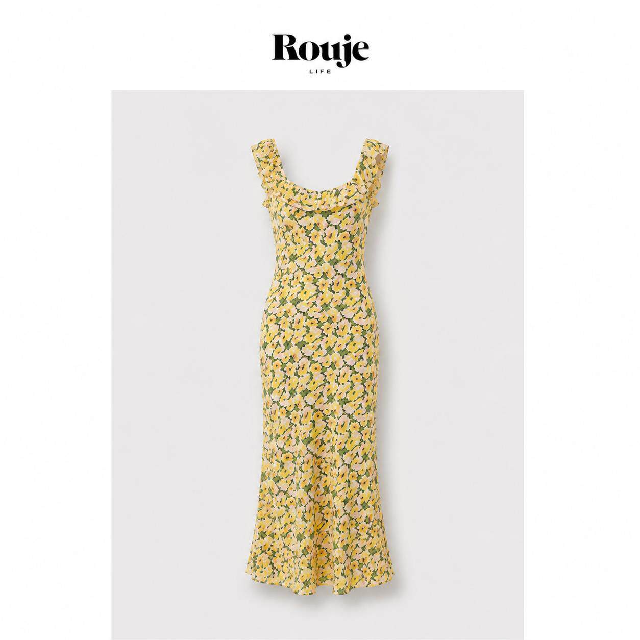 【现货】Rouje Life黄鸡蛋印花U领真丝露背无袖中长裙法式气质女
