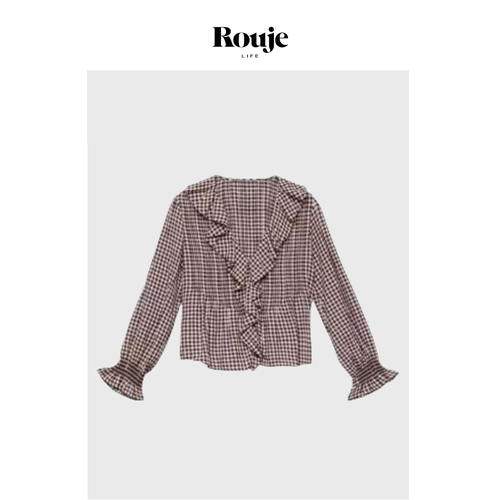 【现货】Rouje Life美国格纹衬衫24早秋荷叶边V领棉质浪漫衬衫
