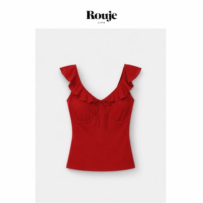 【现货】Rouje Life纯色V领小飞袖吊带上衣修身短款法式复古纯欲