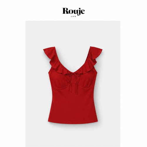 【现货】Rouje Life纯色V领小飞袖吊带上衣修身短款法式复古纯欲