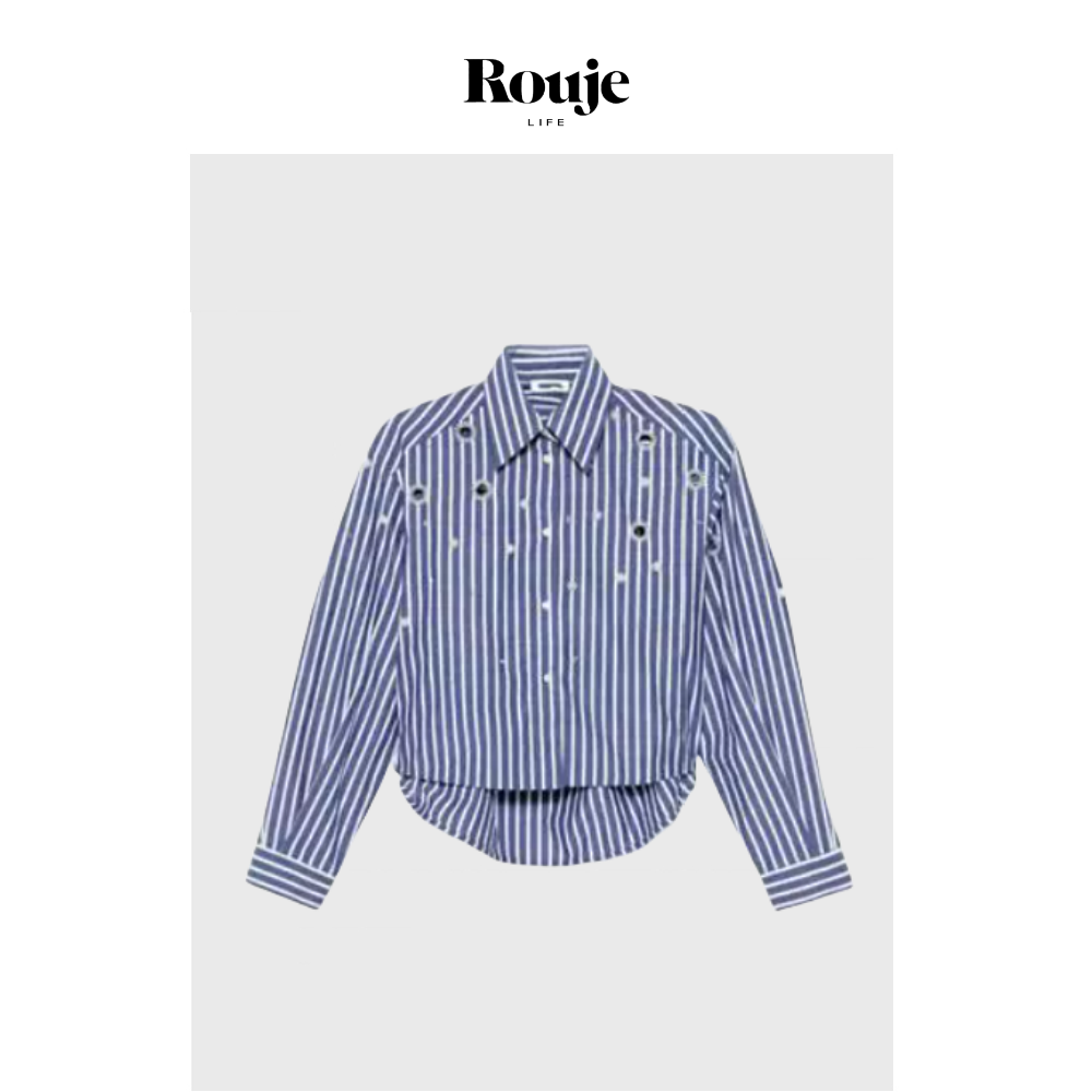 【现货】Rouje Life珍珠装饰时髦衬衫25春季蓝色条纹镂空短款衬衣