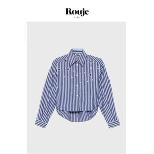 Life珍珠装 Rouje 饰时髦衬衫 25春季 衬衣 蓝色条纹镂空短款 现货