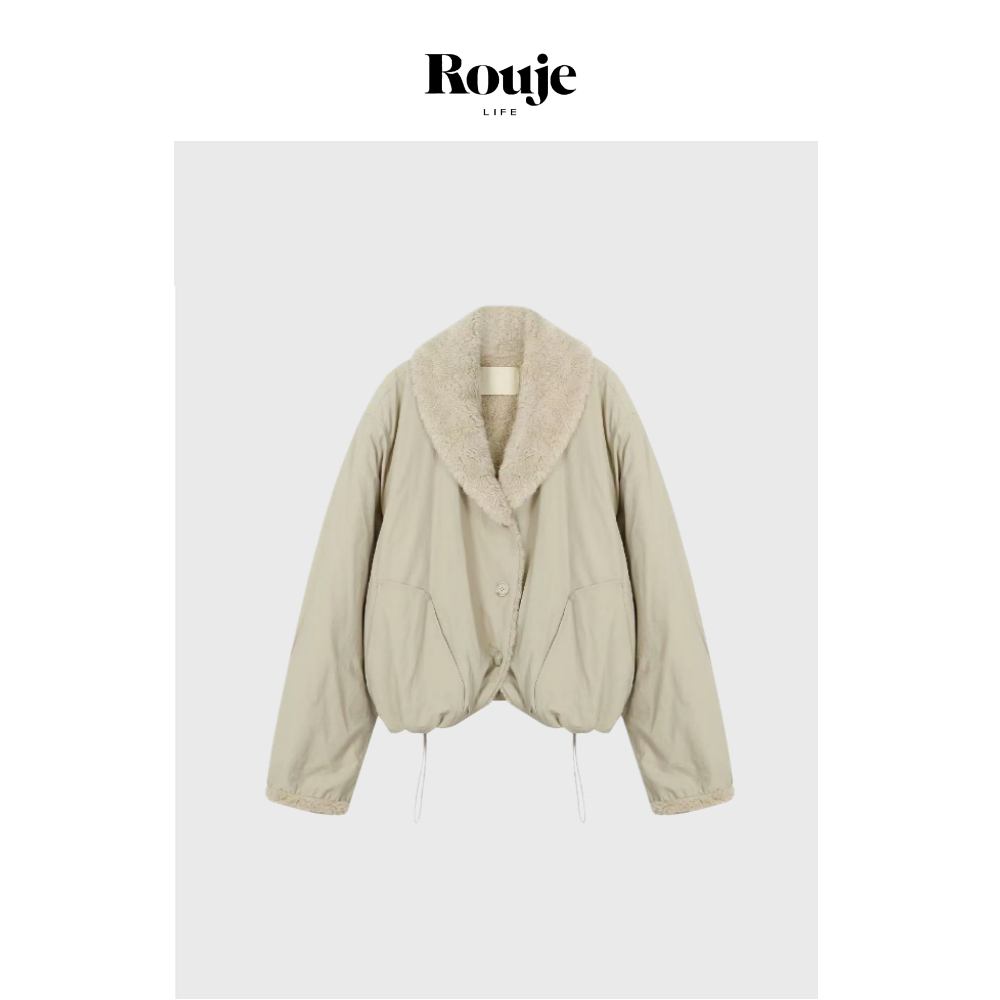【现货】Rouje Life白鹿同款杏色羊羔毛大翻领短外套抽绳保暖棉服