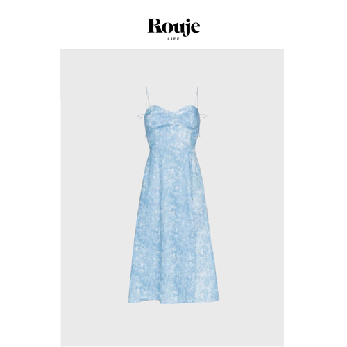 【现货】Rouje Life亚麻印花中长款开叉性感修身吊带连衣裙复古夏