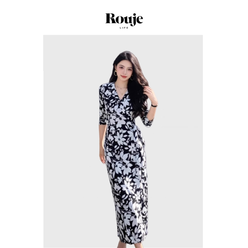 【现货】Rouje Life法式复古V领收腰显瘦白玉兰印花度假裹身长裙