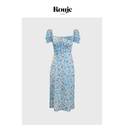 【现货】Rouje Life李菲儿同款连衣裙蓝色大方领碎花法式开叉中长