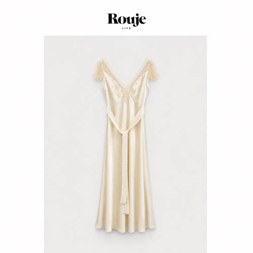 【现货】Rouje Life法式V领蕾丝边刺绣修身露背缎面度假风连衣裙