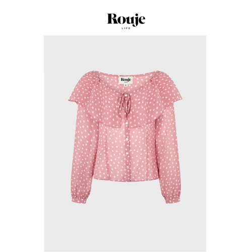 【现货】Rouje Life法式粉色波点印花翻领系带泡泡袖衬衫上衣女