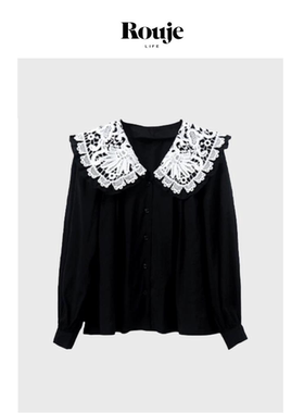 【现货】Rouje Life章若楠同款黑色衬衫女娃娃领蕾丝拼接长袖上衣