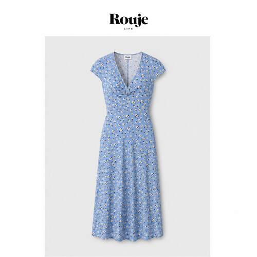 【现货】Rouje Life蓝雏菊V领真丝露背收腰中长裙法式复古甜美风