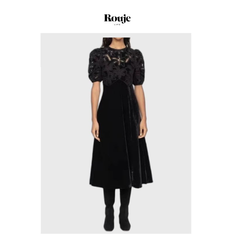【现货】Rouje Life明星私服 天鹅绒长裙 早春黑色镂空丝绒连衣裙