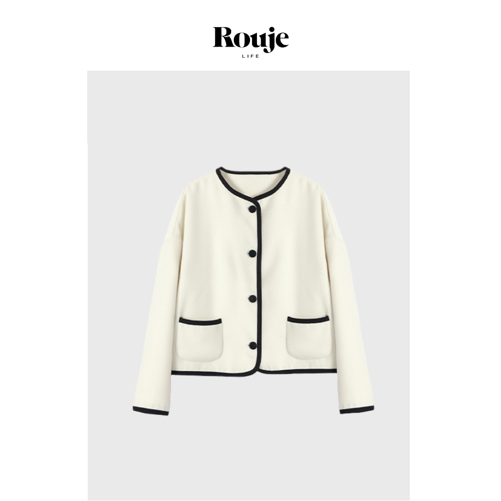 【现货】Rouje Life秋冬装白色羊毛混纺黑边围巾时尚毛呢大衣外套