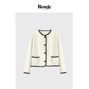 白色羊毛混纺黑边围巾时尚 Life秋冬装 Rouje 毛呢大衣外套 现货