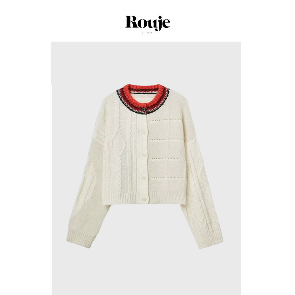 【现货】Rouje Life 西班牙奶油开衫24早秋撞色提花羊毛针织衫