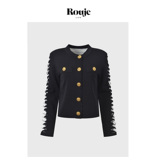 Life巴黎金扣手臂镂空气质短上衣针织开衫 Rouje 黑色外套 现货