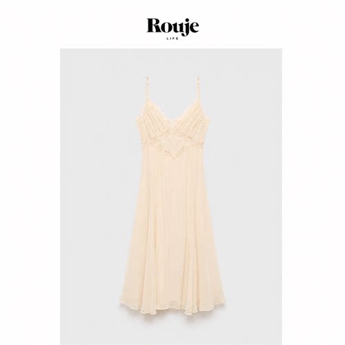【现货】Rouje Life纯色V领镂空蕾丝吊带中长款气质性感露背度假