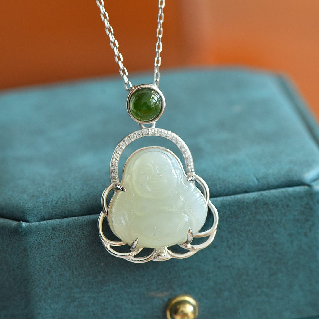 天然新疆和田玉白玉s925银镶玉女士弥勒佛玉石吊坠笑佛玉佩锁骨链