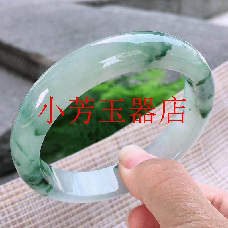 缅甸翡翠色玉手镯冰种白底飘绿女款精选玉石冰糯种飘花色手镯处理