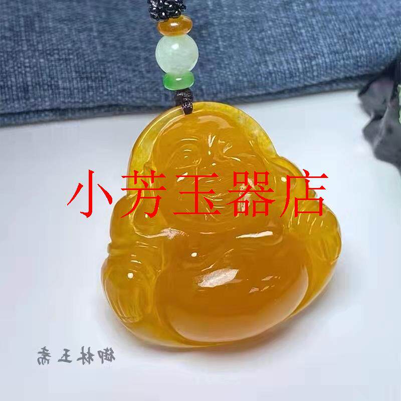 缅甸老坑黄翡翠色弥勒佛玉吊坠鸡油黄大肚笑佛佛公玉挂件男女同款