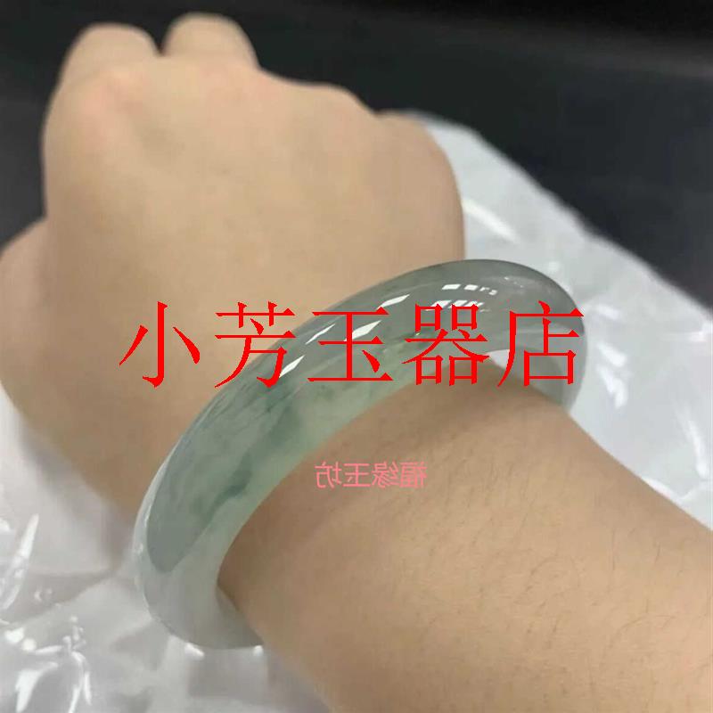 新款精选缅甸翡翠色玉手镯加厚宽版浅绿飘蓝花冰种手镯冰透色送礼