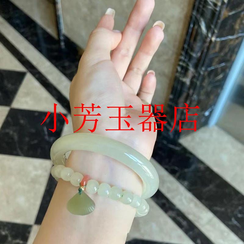 新疆冰种青白玉女款圆条细款和田玉晴水镯子高级感珠宝玉石青海料