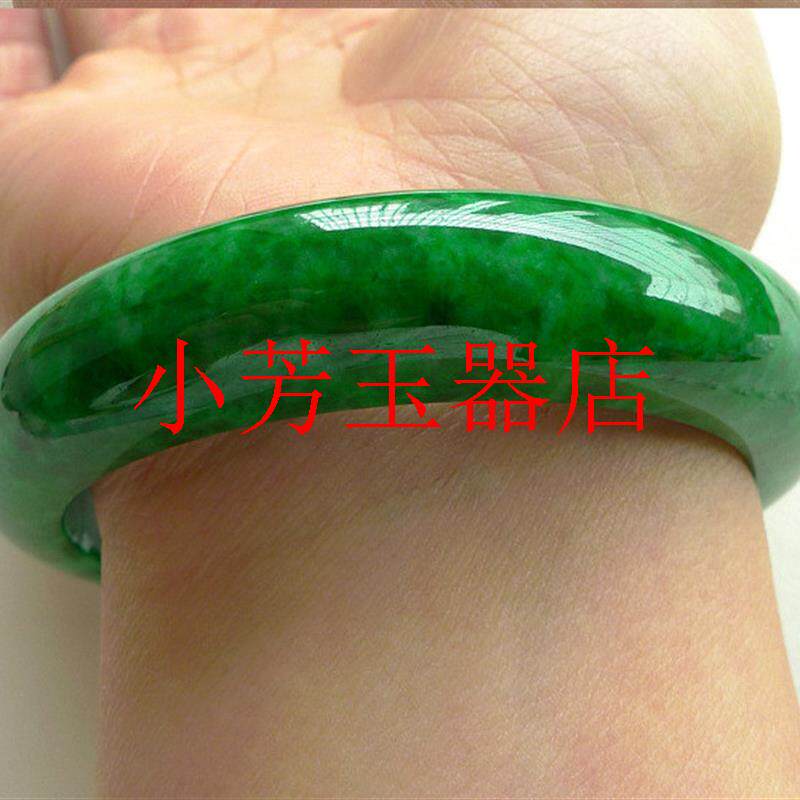 缅甸干青铁龙生翡翠色玉镯满绿飘花冰糯种花青胖圆条玉石镯子高级