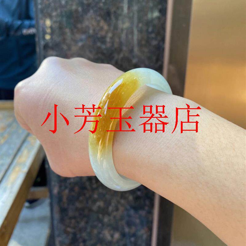 缅甸老坑蜜糖黄翡翠色手镯半山半水玉手镯一口糖玉镯冰种贵妃玉镯