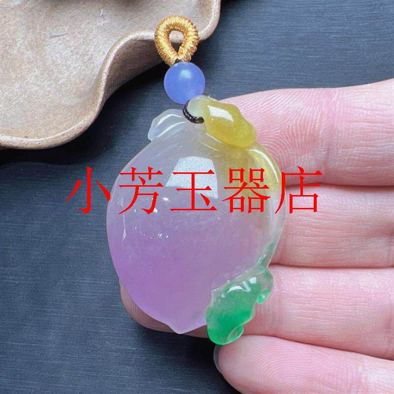 缅甸翡翠色紫罗兰寿桃吊坠老坑冰种多彩寿桃挂件男女款送长辈礼物