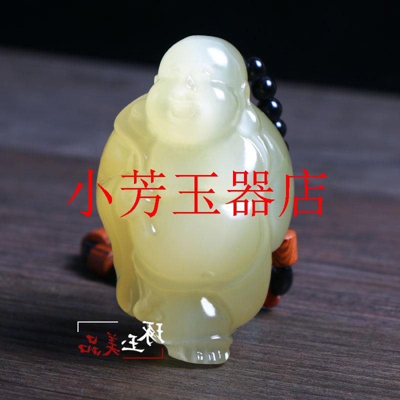精选新疆和田玉高冰种青白玉站佛玉石笑佛手把件青白玉弥勒佛吊坠