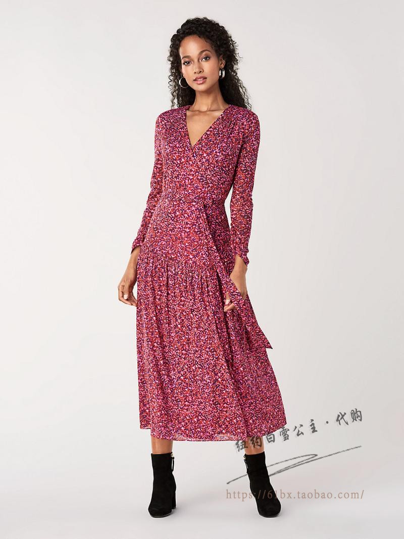 美国正品代购DVF连衣裙枚红色秋冬弹力蕾丝舒适贴身束腰百搭中长